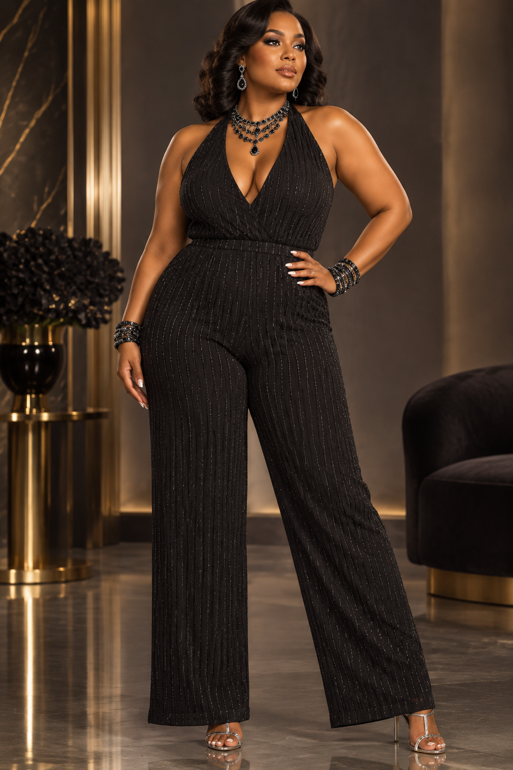 Women's PLUS Sexy open back beaded shimmer jumpsuit BLACK