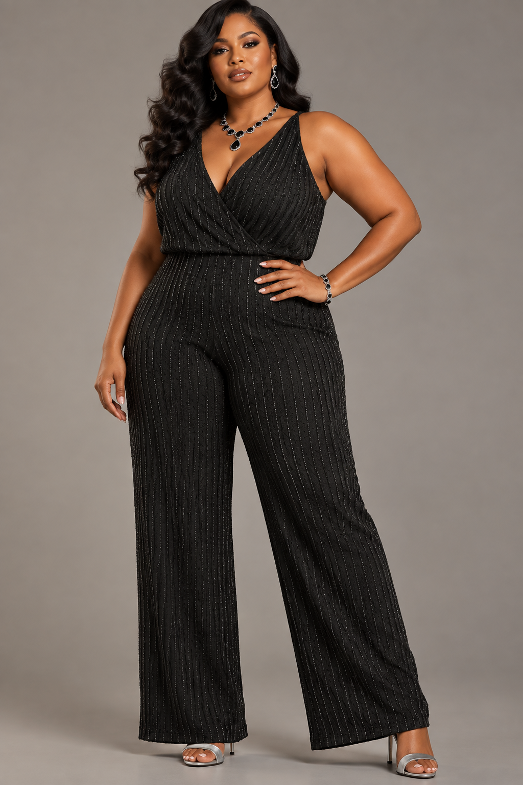 Women's PLUS Sexy open back beaded shimmer jumpsuit BLACK