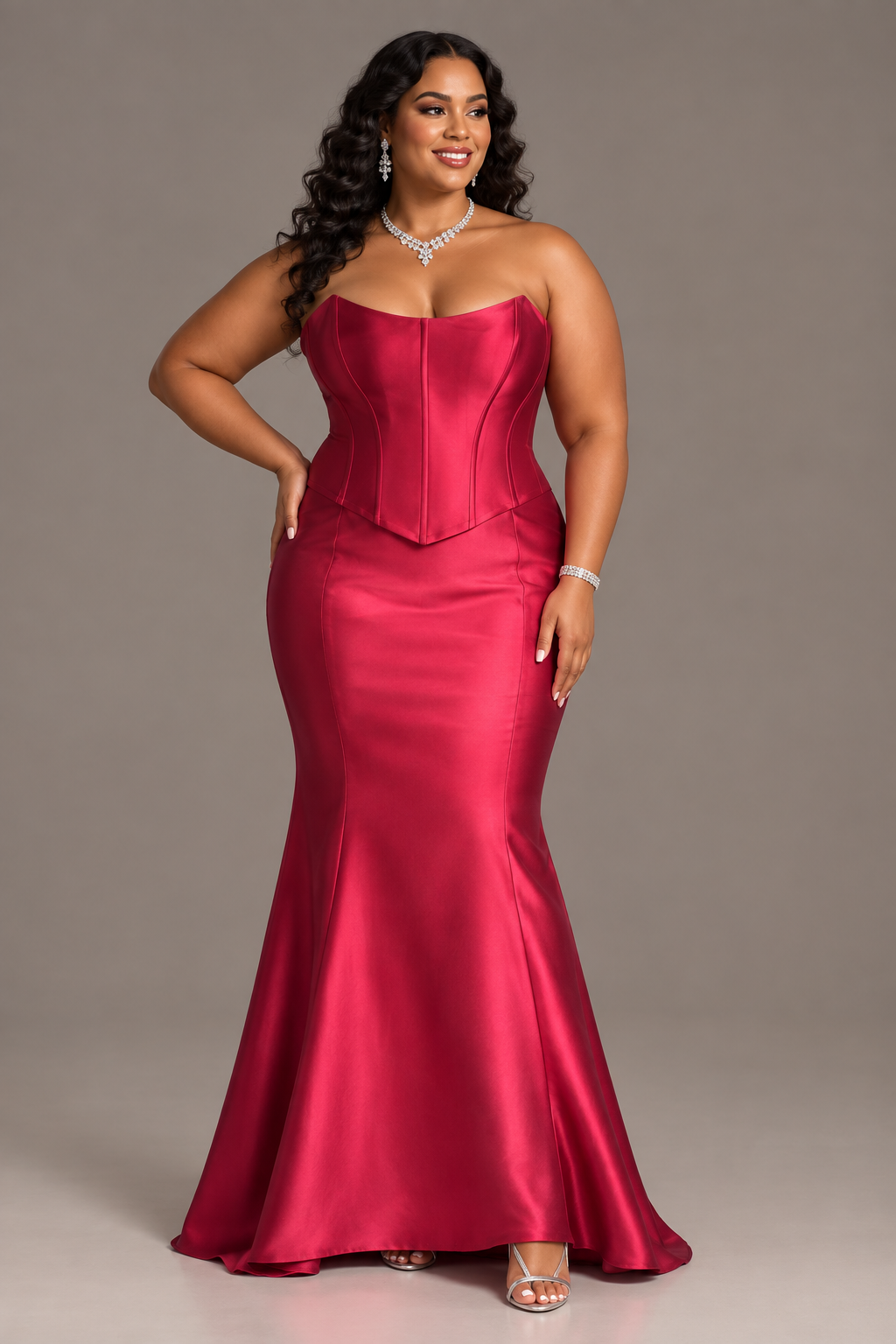 Women's PLUS Elegant Evening Strapless 2 piece dress set Corset and Skirt  RED