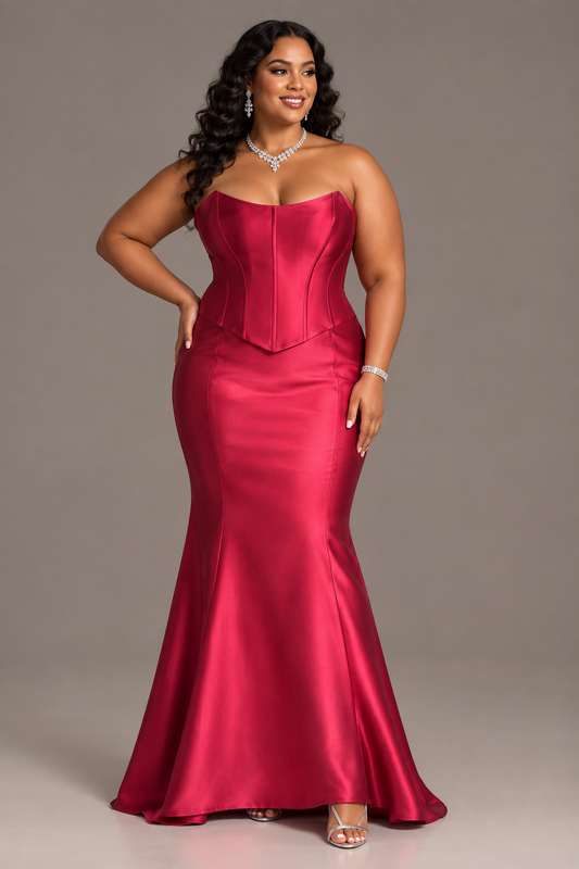 Women's PLUS Elegant Evening Strapless 2 piece dress set Corset and Skirt  RED