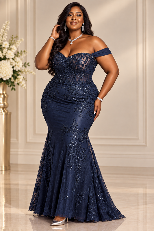 Women's  PLUS Off theShoulder Beaded Applique Mermaid Dress Gown Blue