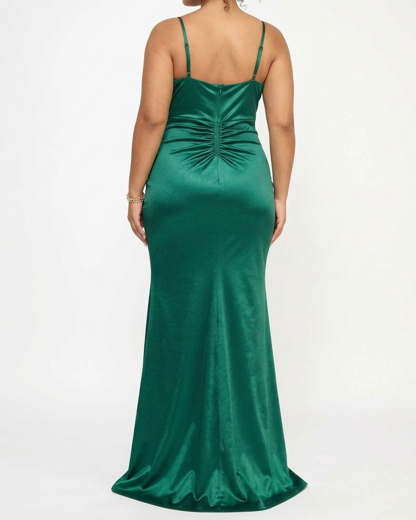 Emerald Green  Ruched Slit Maxi Gown Dress