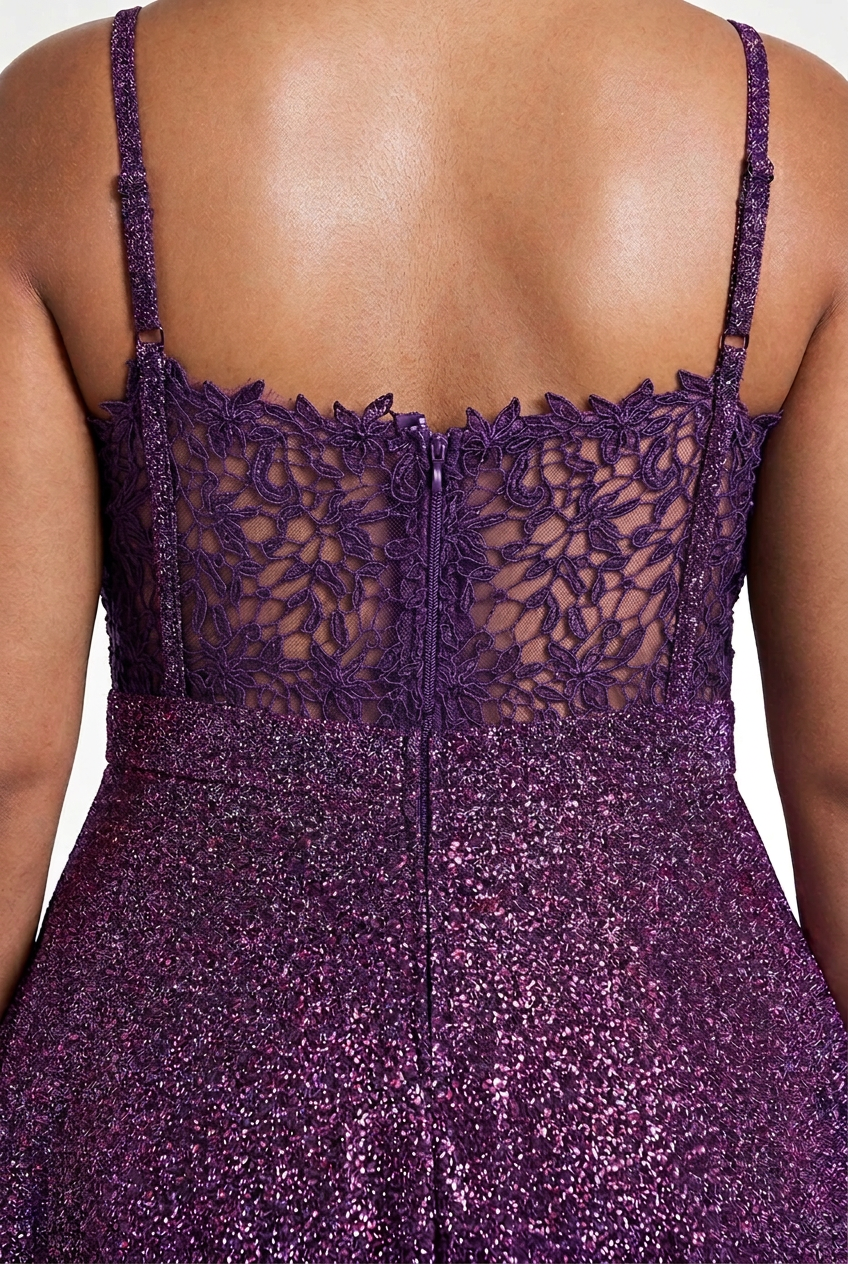 Women's PLUS Glittered Double Layered Fit n Flare Part Dress w Lace back Purple