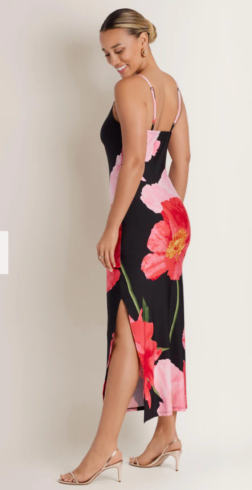 Women's Large Flower Poppies Slit Slide Midi Dress