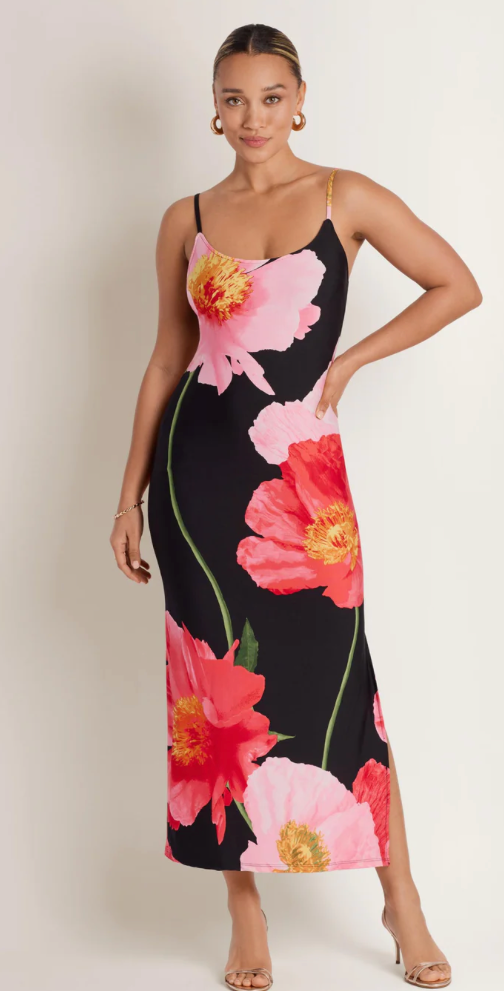 Women's Large Flower Poppies Slit Slide Midi Dress