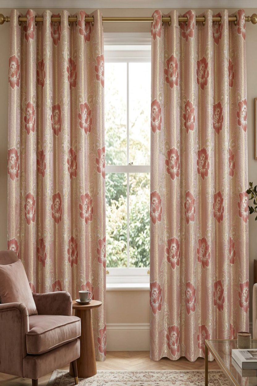 DANIELLE Big PrintFloral Pattern Panel Curtain with 8 grommets Pink Shimmer Flower