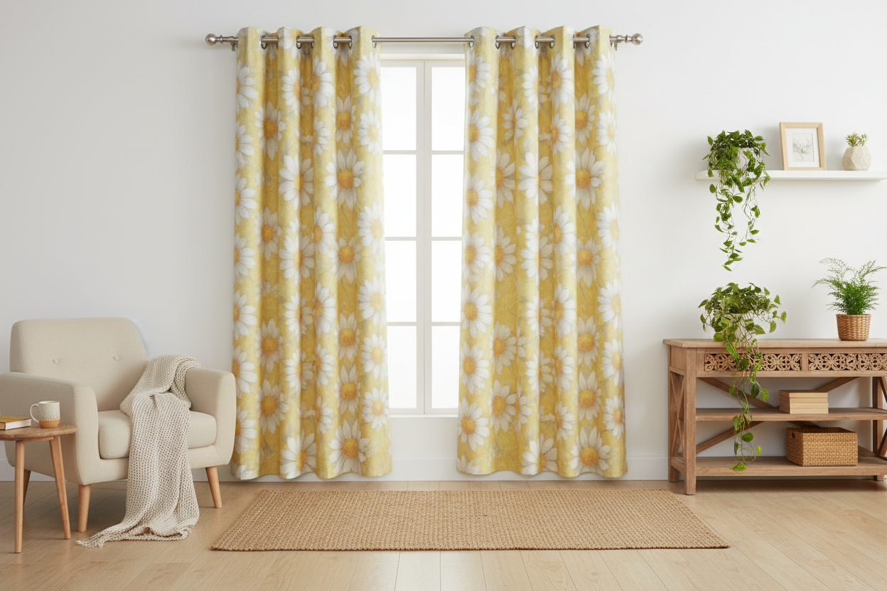HEATHER SUNFLOWER YELLOW thick Black Out  Printed Grommet Panel Curtain