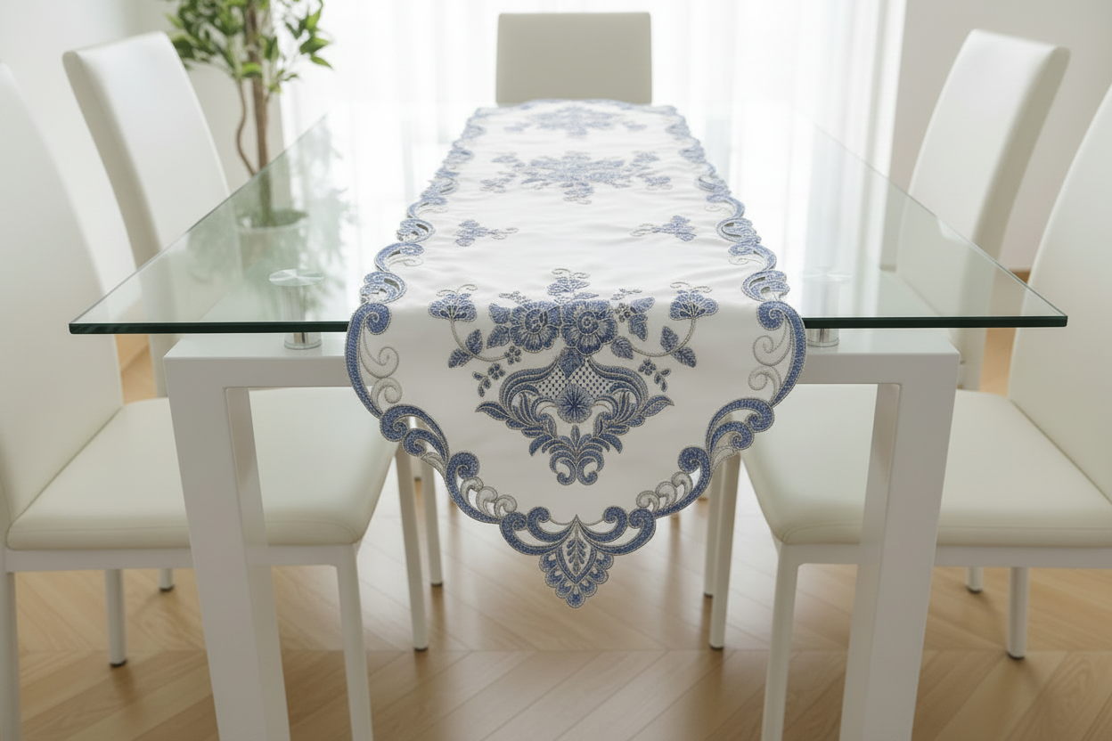 Embroidered floral design Table Runner 16x54 Beige w Royal Blue