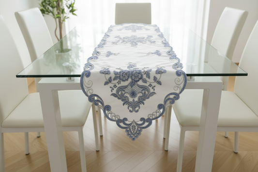 Embroidered floral design Table Runner 16x54 Beige w Royal Blue