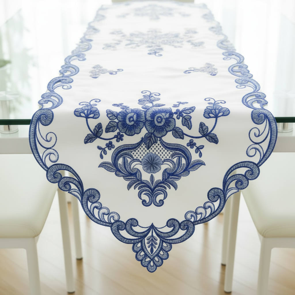 Embroidered floral design Table Runner Doilies 16 x54 Beige w Royal Blue