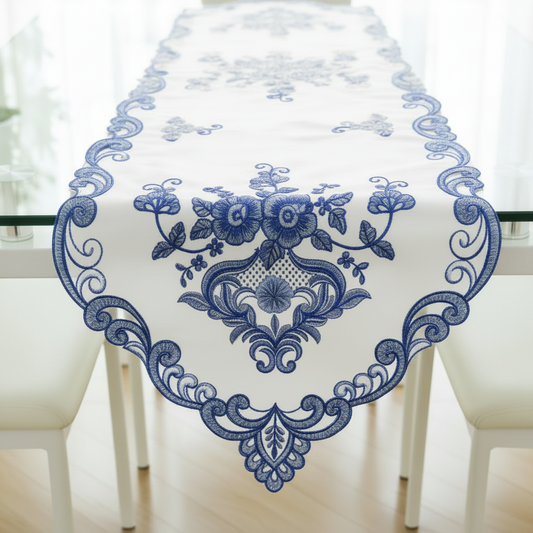 Embroidered floral design Table Runner Doilies 16 x54 Beige w Royal Blue