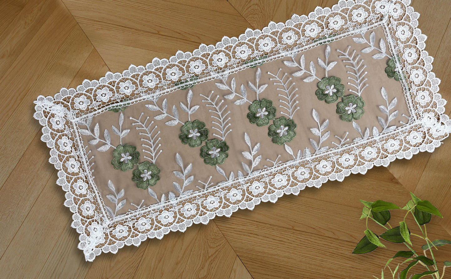 Embroidered floral design Table Runner 14 X 20 Green w White CASSANDRA