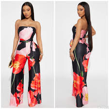 Women's Large Flower Poppie strapless Tube Jumpsuit Jumper belted