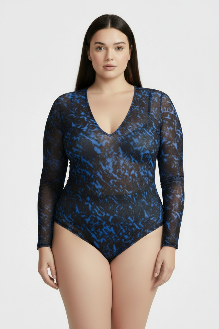 NEW  Women's PLUS  V Neck Mesh Bodysuit Long sleeve