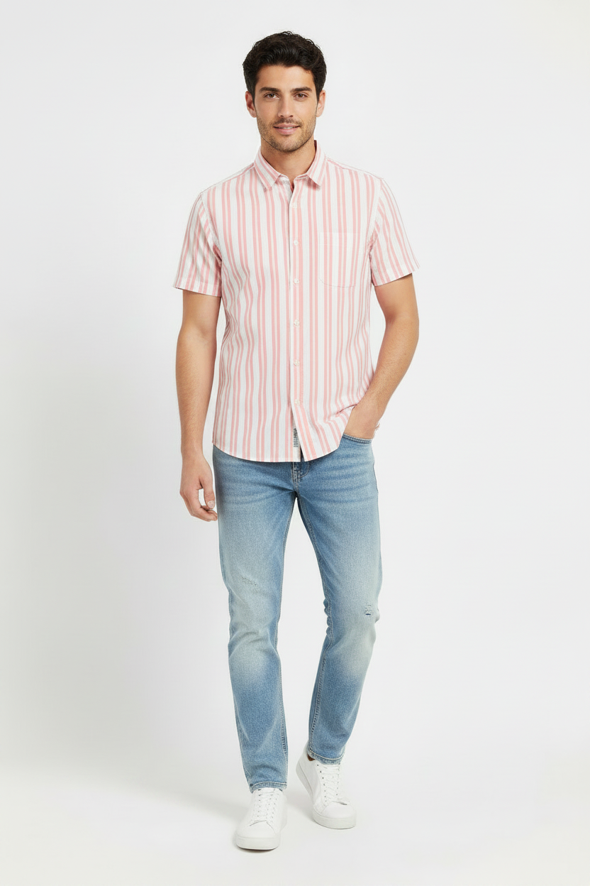 Men's Striped Plaid button down 100% cotton Shirt Short Sleeve