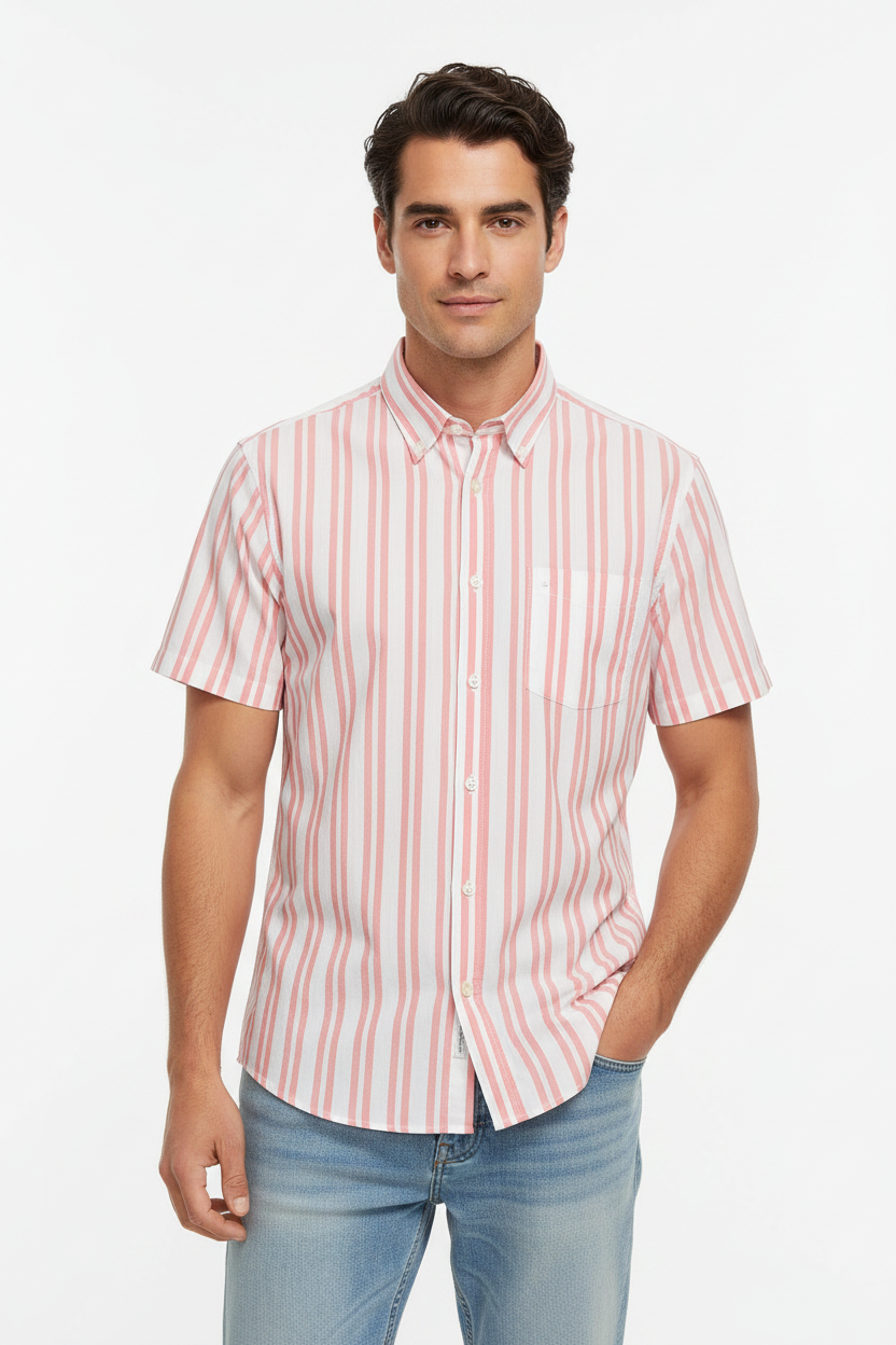 Men's Striped Plaid button down 100% cotton Shirt Short Sleeve
