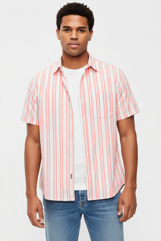 Men's Striped Plaid button down 100% cotton Shirt Short Sleeve