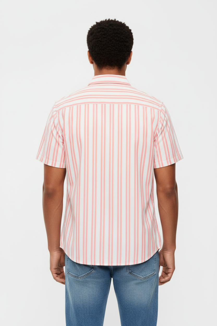 Men's Striped Plaid button down 100% cotton Shirt Short Sleeve