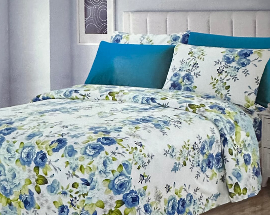 Luxury 6 piece Sheet Set  Soft 1800 Print Blue Floral  QUEEN