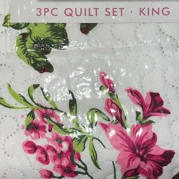 3 Piece Quilt Set pink Fuchsia Floral Flowers QUEEN New!