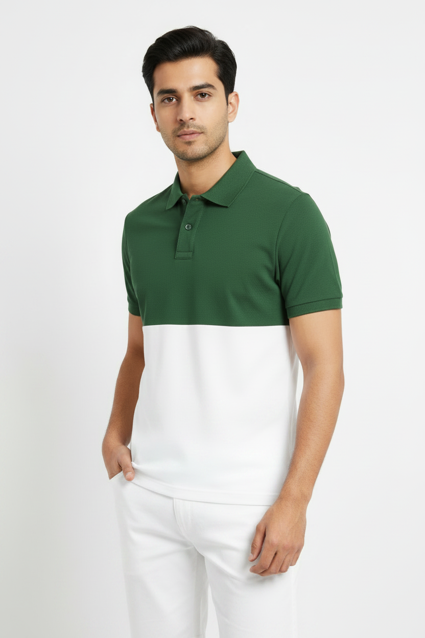 Mens button Tow Tone Color-Block Pique Polo Green White