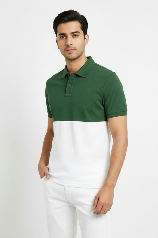 Mens button Tow Tone Color-Block Pique Polo Green White