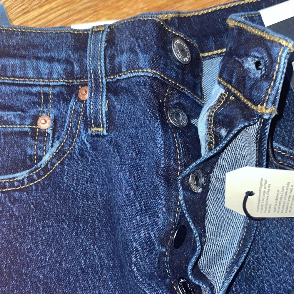Levi's Dark Wash High Rise Long mid Thigh Frayed Denim Shorts