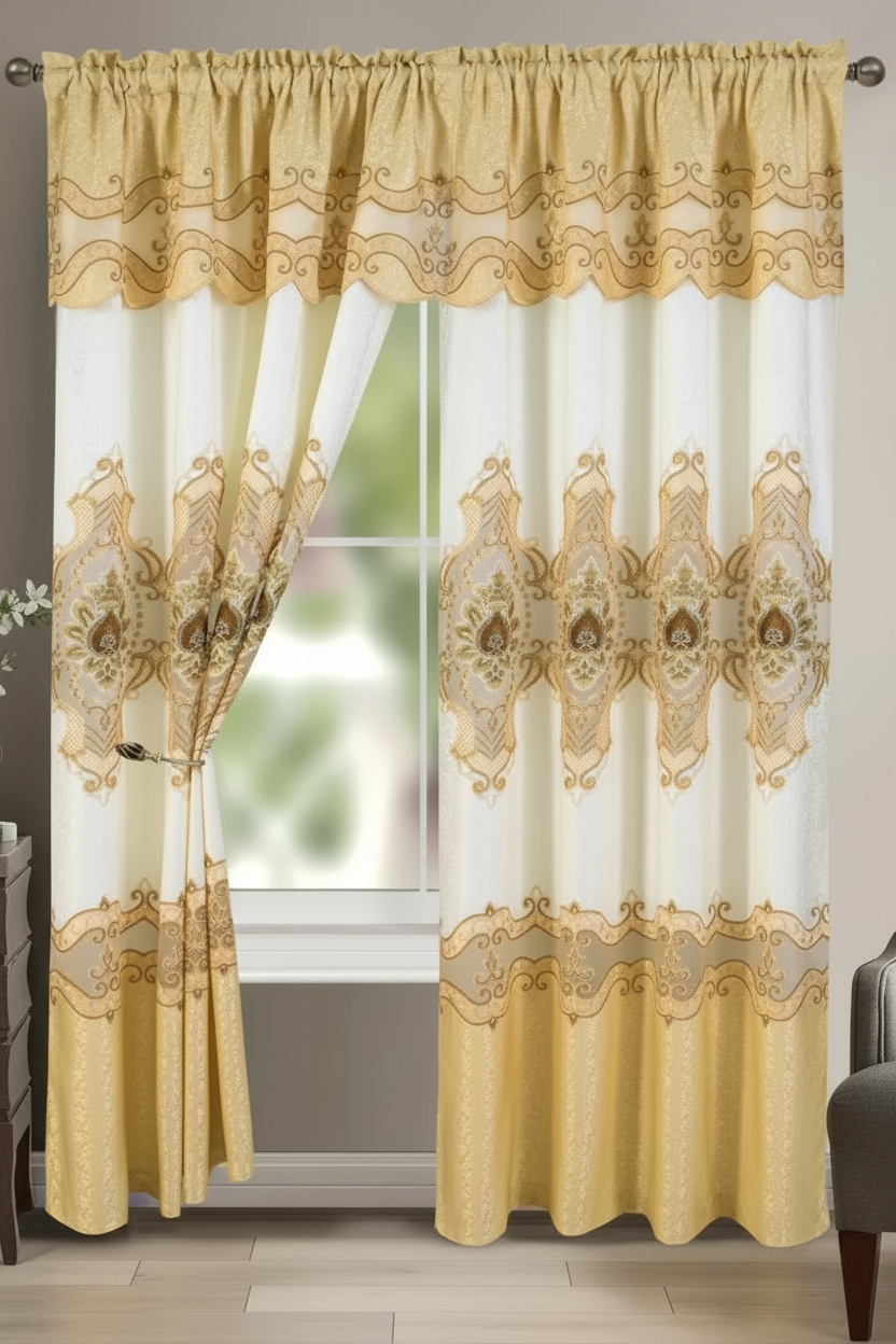 AMY GOLD Macrame jacquard  Pattern Panel Curtain w attached lace valance Gold
