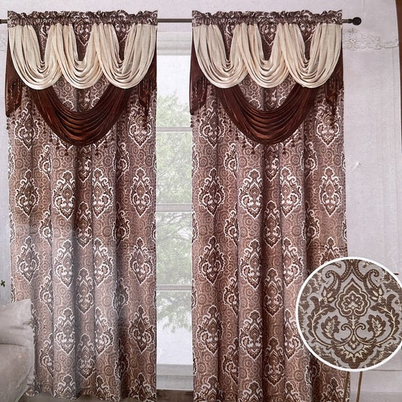 MARILYN  BROWN Jacquard  Pattern Panel Curtain w attached lace valance Brown