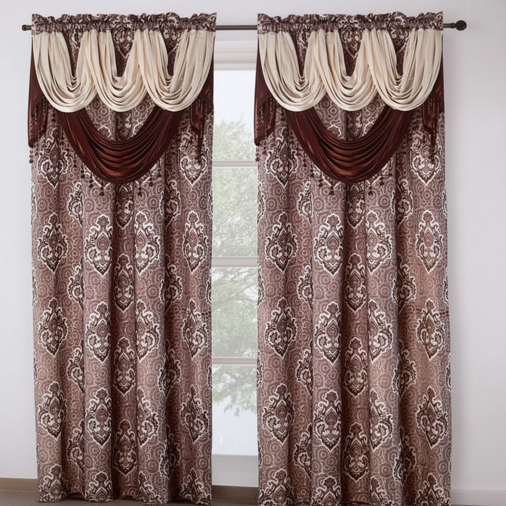 MARILYN  BROWN Jacquard  Pattern Panel Curtain w attached lace valance Brown