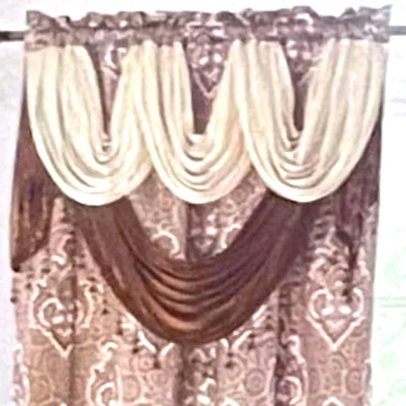 MARILYN  BROWN Jacquard  Pattern Panel Curtain w attached lace valance Brown