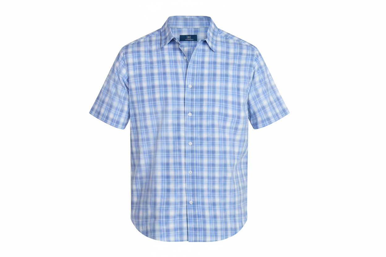 Men's Striped Blue Plaid button down 100% cotton Shirt Short Sleeve