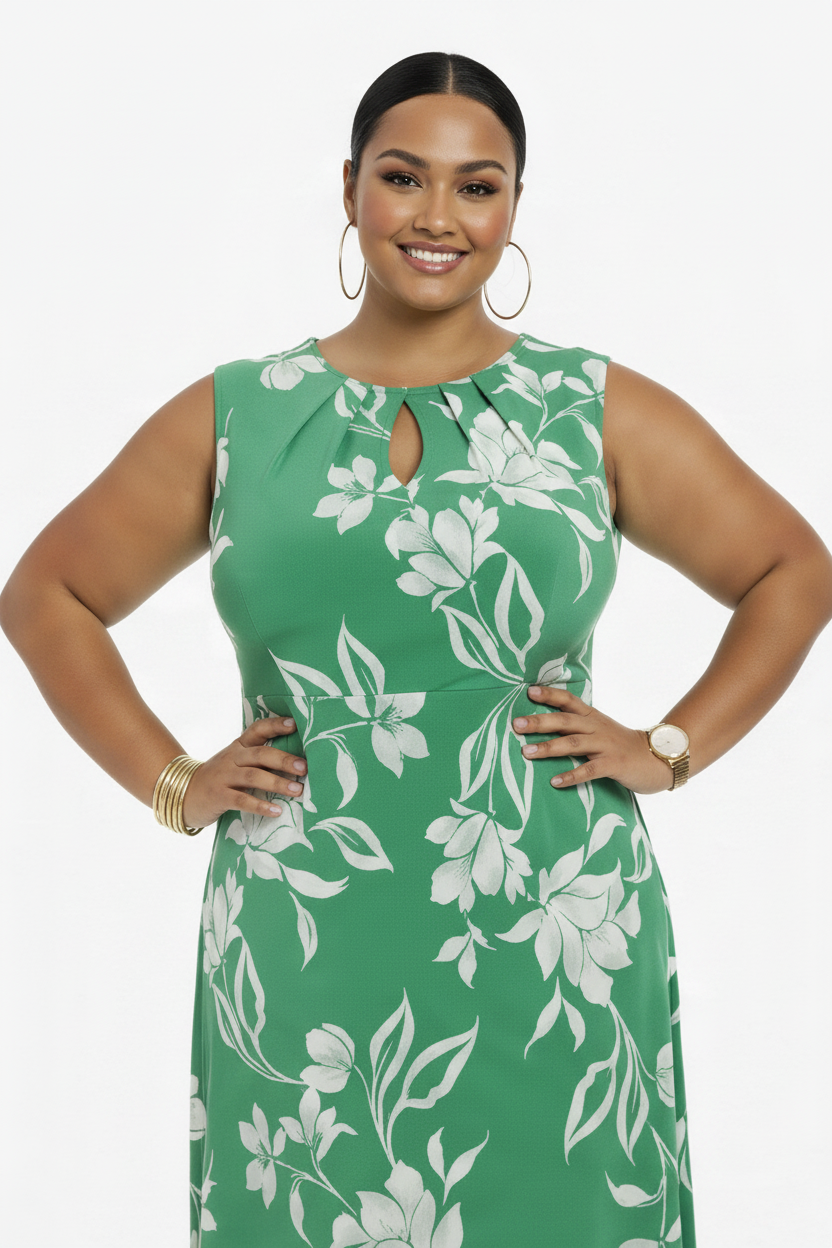 Women's PLUS SIZE Keyhole Midi Dress  Green Print