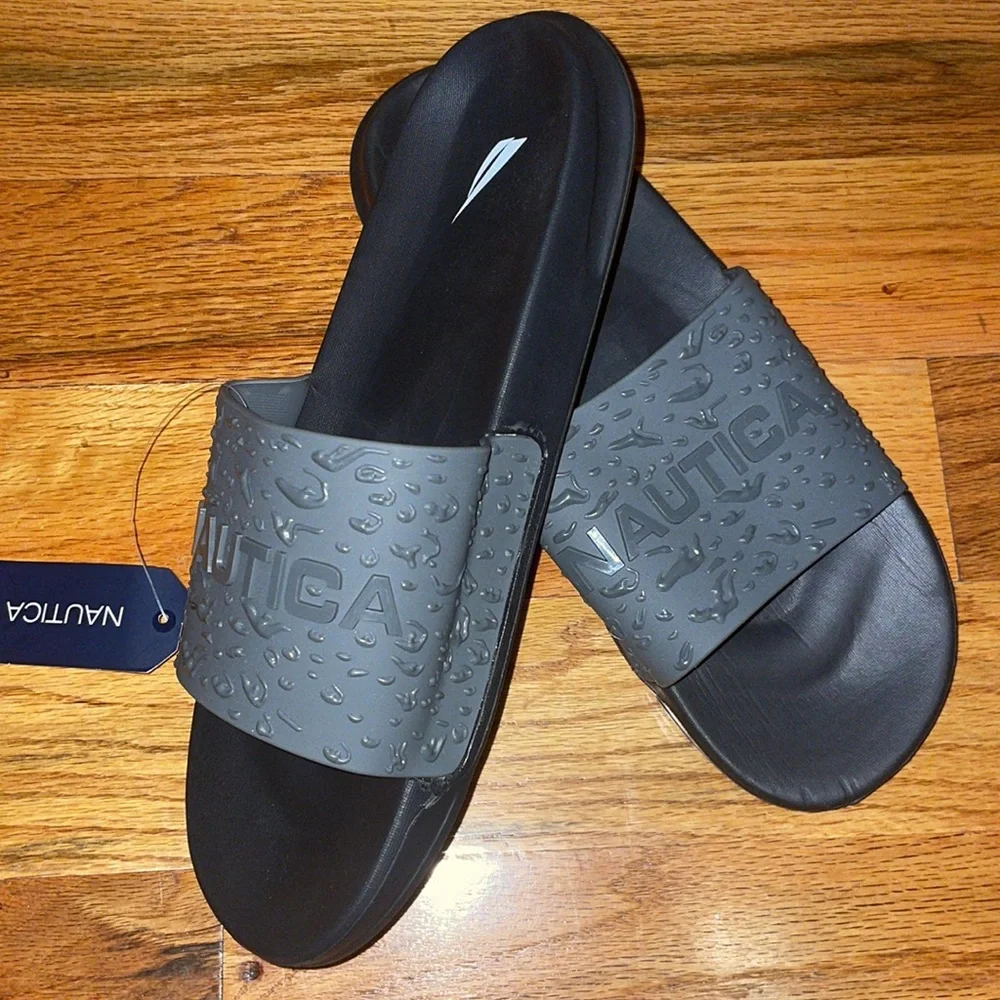 Men's Nautica Nautical Gray  Raised Print Logo Slide Slippers