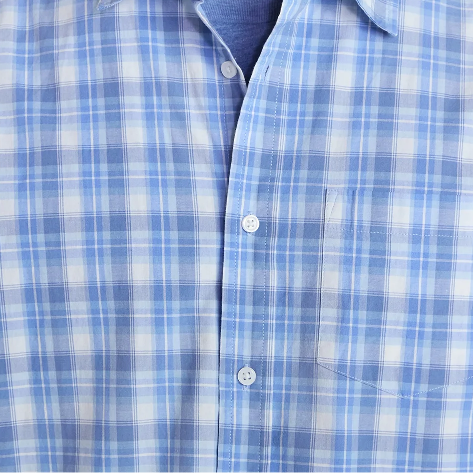 Men's Striped Blue Plaid button down 100% cotton Shirt Short Sleeve