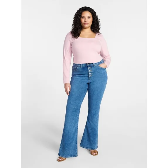 Womens PLUS Button up Corset Fitted Flare Denim Jeans Lucy Wash