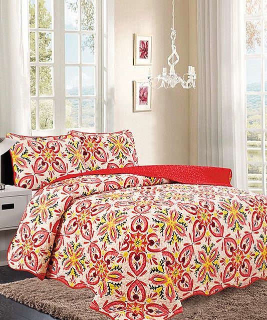 3 Piece Quilt Set Medallion Reversible Pattern Print Red  KING
