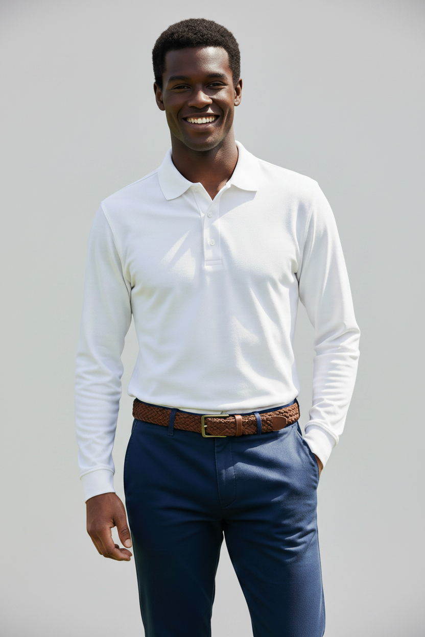 Men's 100% Cotton Long Sleeve Polo  Dress Shirt WHITE