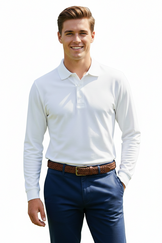 Men's 100% Cotton Long Sleeve Polo  Shirt White