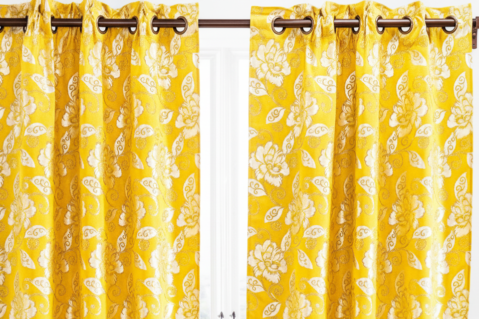 CASSIE GOLDEN  2 PCS Set  yellow Printed W Unattached Valance  Floral Pattern Panel Curtain
