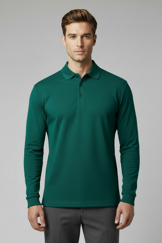 Men's thick  100% Cotton Long Sleeve Polo  Shirt Green