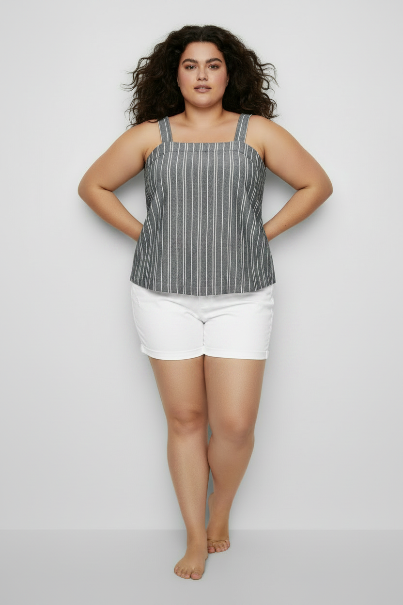 PLUS SIZE Women's Square Neck  Adjustable Strap Linen Tank Grey w Stripe