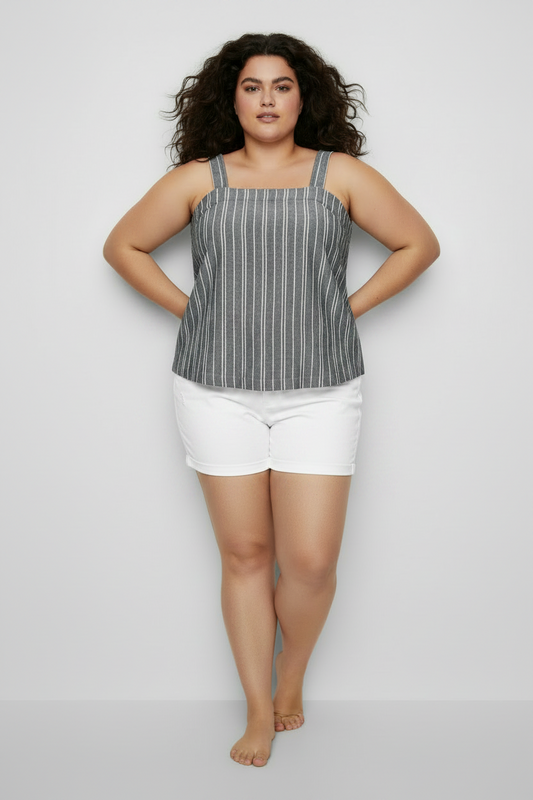 PLUS SIZE Women's Square Neck  Adjustable Strap Linen Tank Grey w Stripe
