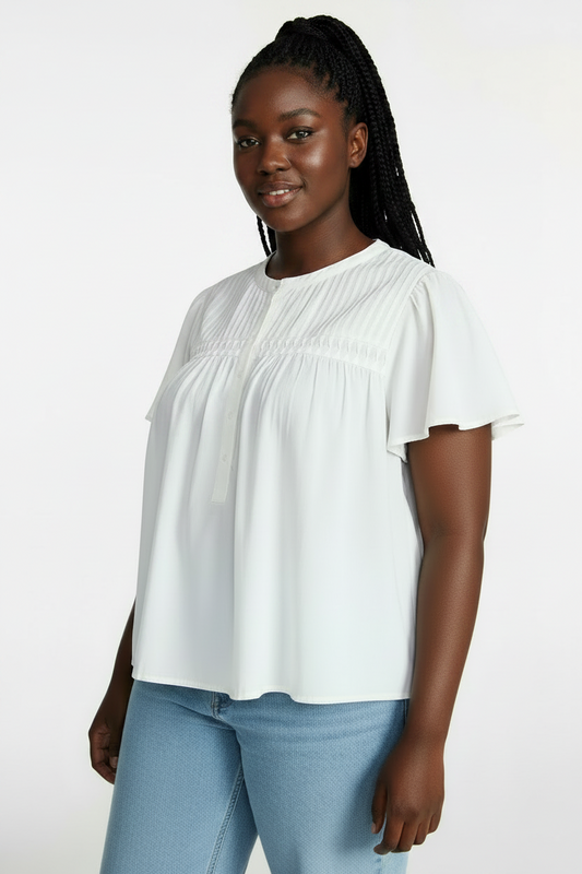 Women's PLUS SIZE Women’s Pleated Yoke White Top with Short Flutter Sleeves