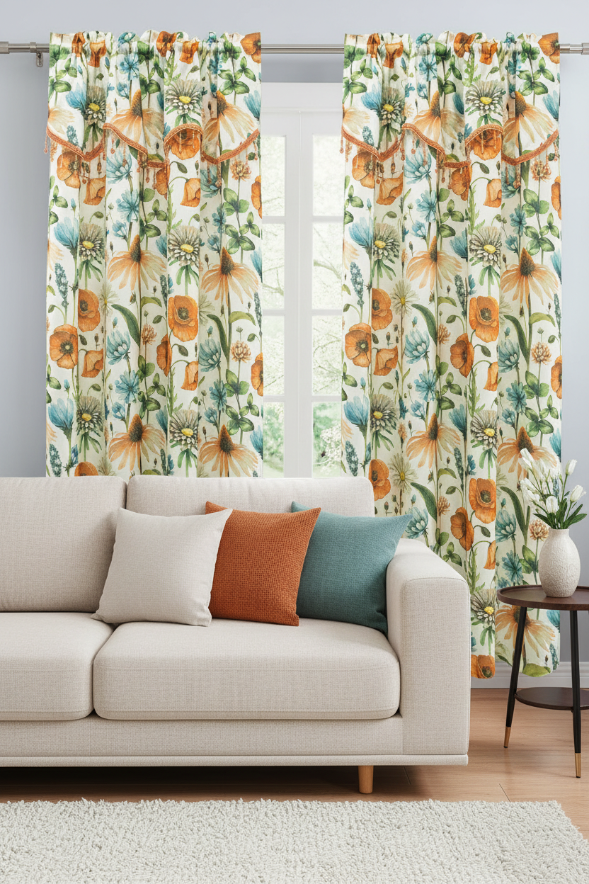 ELIZA Crepe  Pattern Panel Curtain w attached lace valance ORANGE