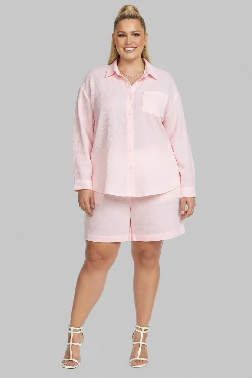 PLUS SIZE WOMEN'S 2 Piece Shirt w Shorts Outfit Set PINK