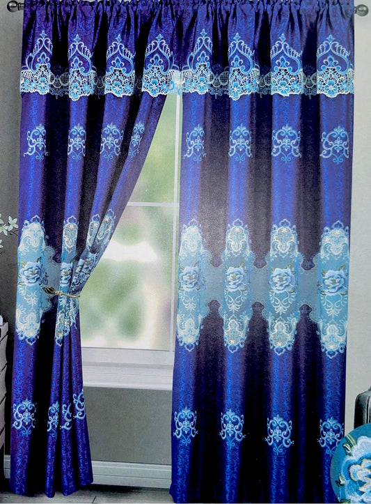 Window curtain macrame panel with attached Lace Valance Royal Blue