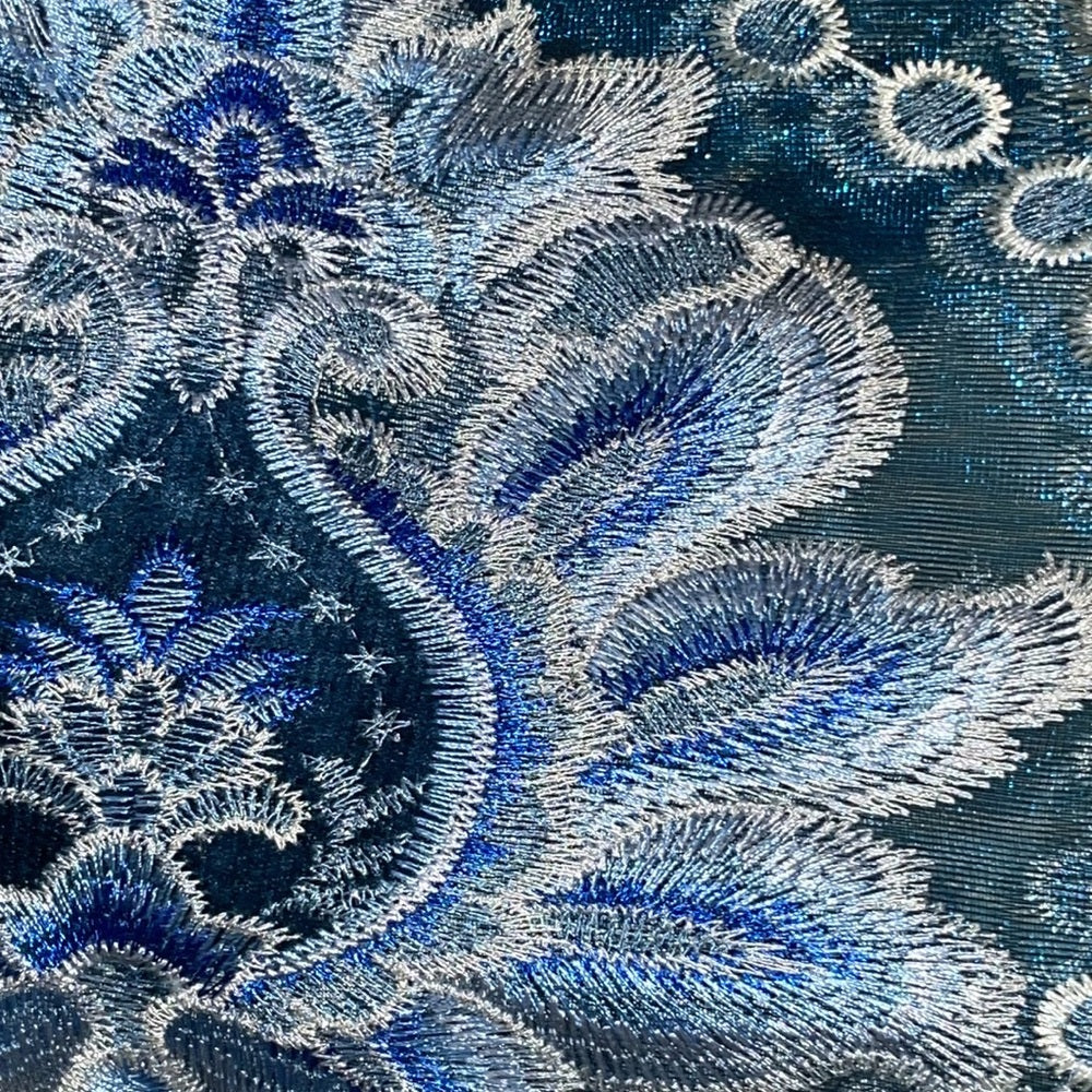 AMY BLUE Macrame jacquard  Pattern Panel Curtain w attached lace valance Blue