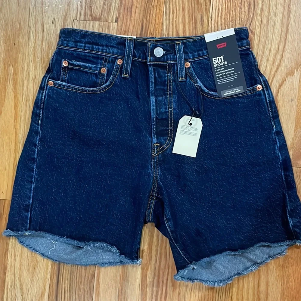 Levi's Dark Wash High Rise Long mid Thigh Frayed Denim Shorts