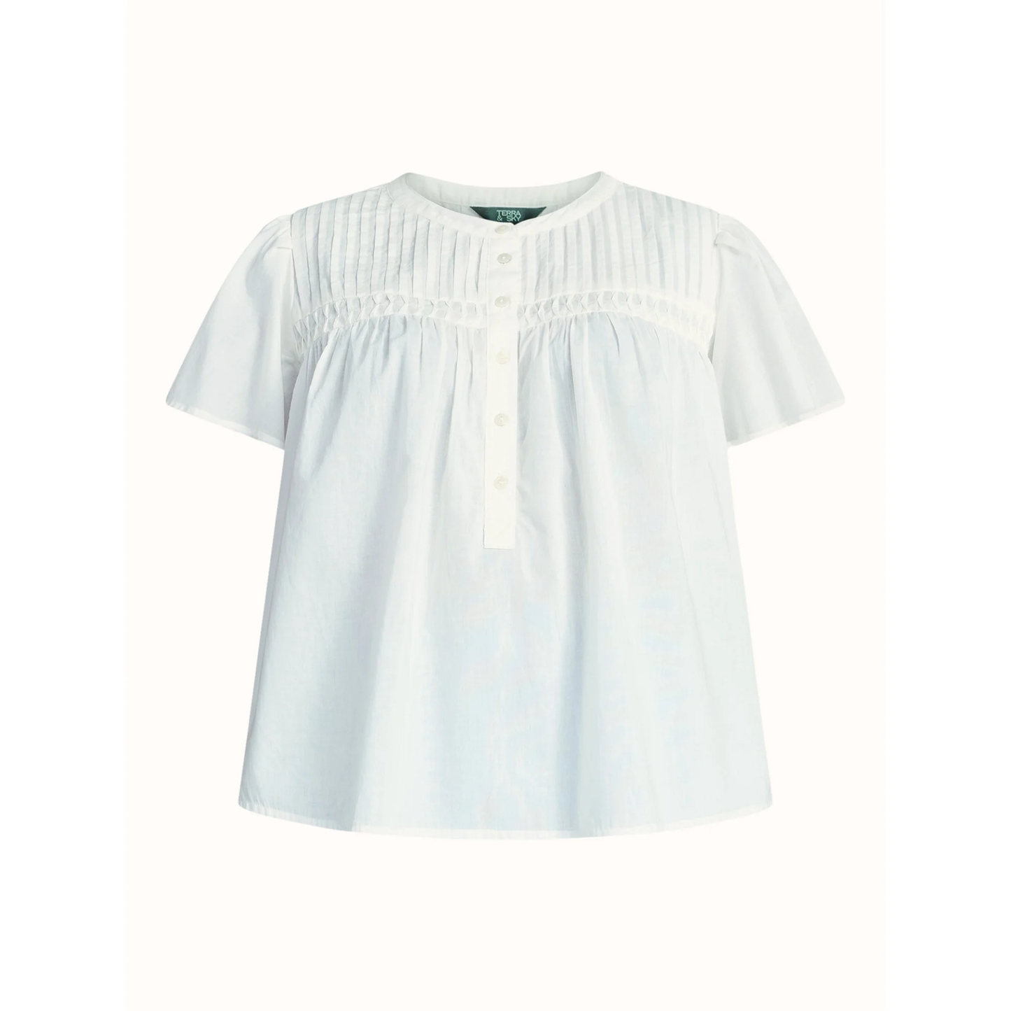 Women's PLUS  Women’s Pleated Yoke White Top with Short Flutter Sleeves